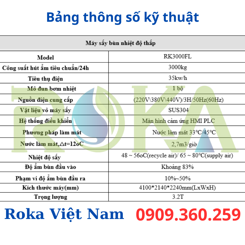 Thông số kỹ thuật máy sấy bùn nhiệt độ thấp